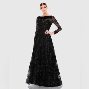 NWT $498 MAC DUGGAL BLACK Floral Embroidered Illusion Long Sleeve Gown DRESS